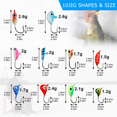 12Pcs Winter Ice Fishing Lure ice jigs for Crappie Bass Panfish 1.2g-2.6g Artificial bait Hard Jig Head Hooks Fishing Kit