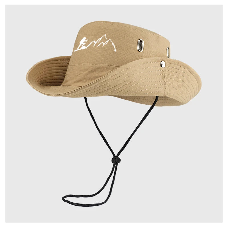 Hiker and Mountain Print Outdoor Bucket Hat: Wide-brimmed, breathable bucket hat with drawstring, perfect for hiking and camping