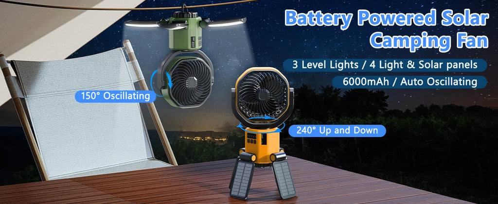 Solar Powered Fan 6000mAh Battery Operated 4 Speed Wind with Led Light Outdoor Tent Fans for Camping Essentials Accessories