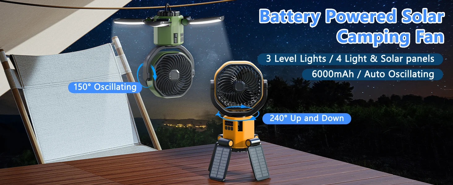 Solar Powered Fan 6000mAh Battery Operated 4 Speed Wind with Led Light Outdoor Tent Fans for Camping Essentials Accessories