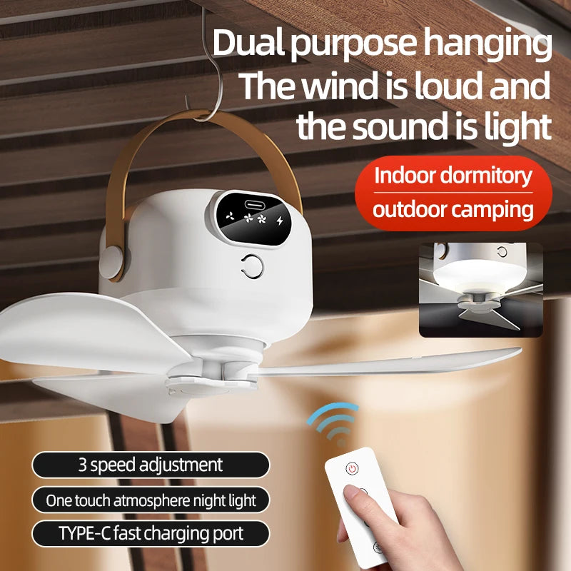 Portable Ceiling Fans Mini Outdoor Camping Fan Tent Ventilator Cooler Rechargeable Electric Fan Remote Control LED Lighting