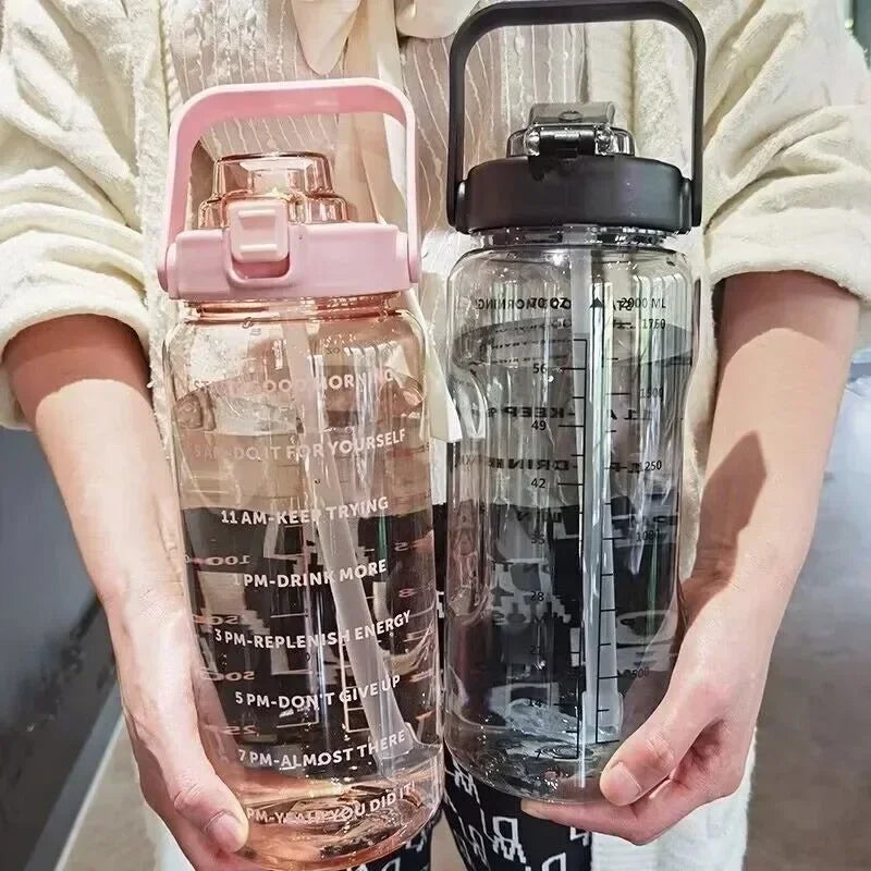 2L Straw Water Bottle Large Capacity Plastic Water Cup Portable Drink Bottle With Time Marker For Outdoor Sports