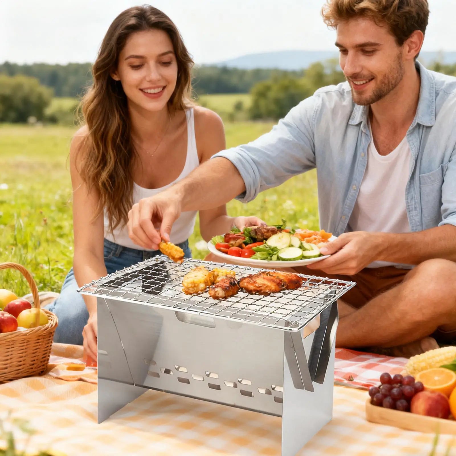 Foldable Portable Charcoal Grill Compact Stainless Steel Camping Fire Pit Lightweight BBQ For Outdoor Cooking Backpacking Picnic