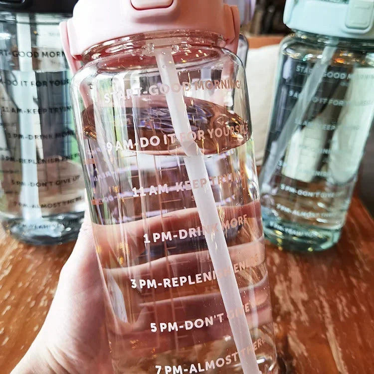 2L Straw Water Bottle Large Capacity Plastic Water Cup Portable Drink Bottle With Time Marker For Outdoor Sports