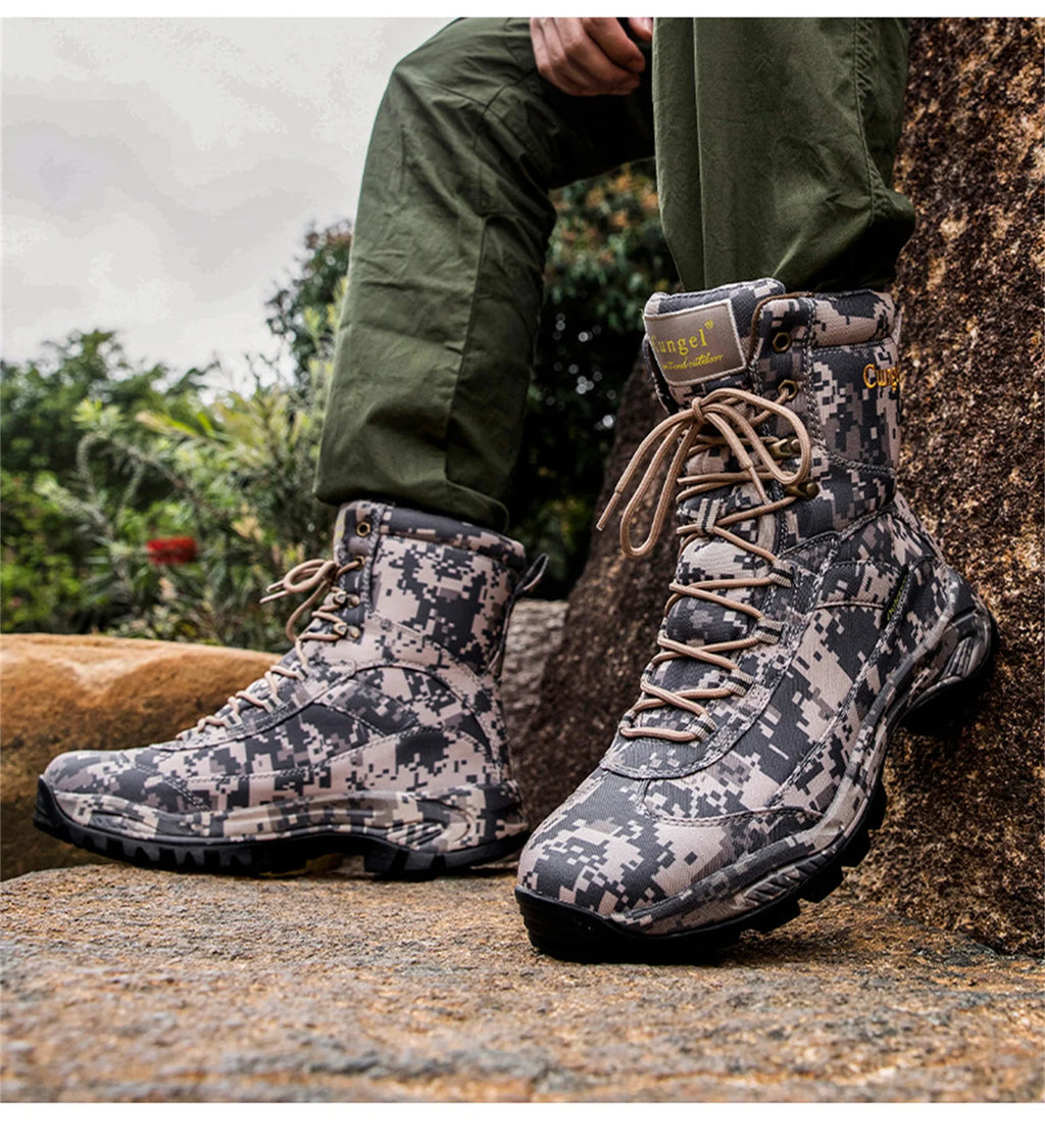 Men's High Top Camouflage Hunting Boots Breathable Tactical Shoes Outdoor Hiking Wear-Resistant Waterproof Mountaineering Boots