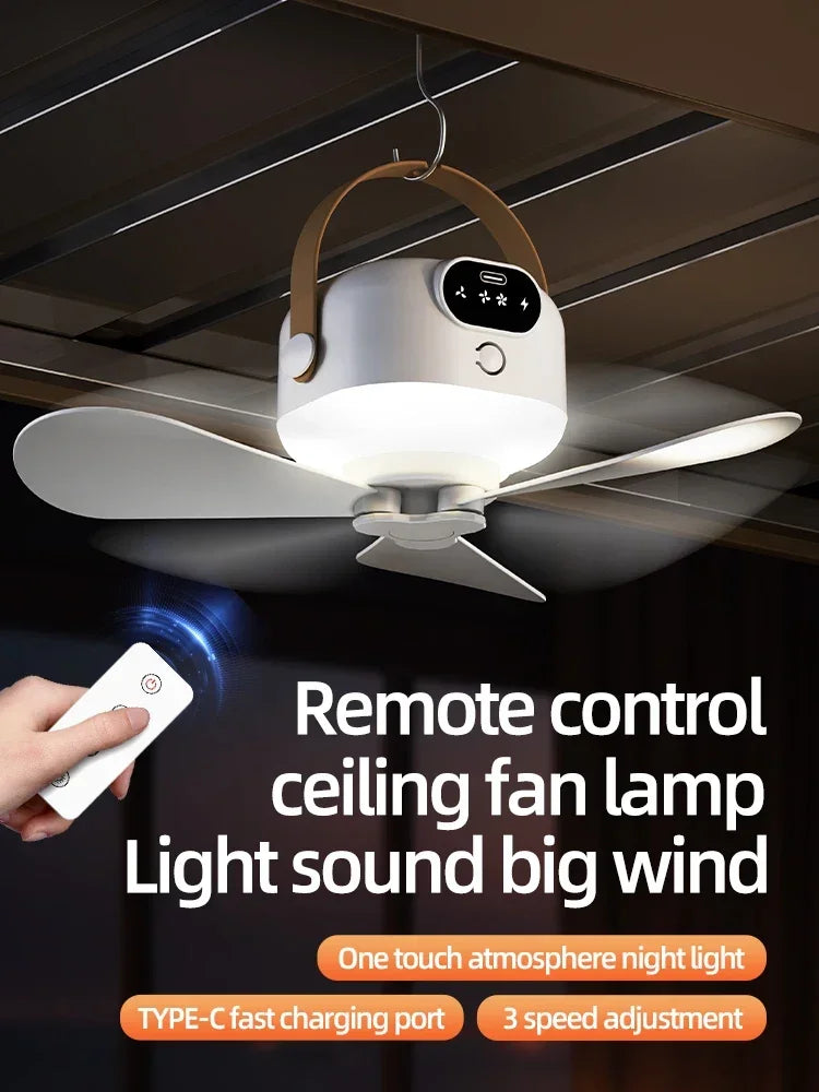 Portable Ceiling Fans Mini Outdoor Camping Fan Tent Ventilator Cooler Rechargeable Electric Fan Remote Control LED Lighting