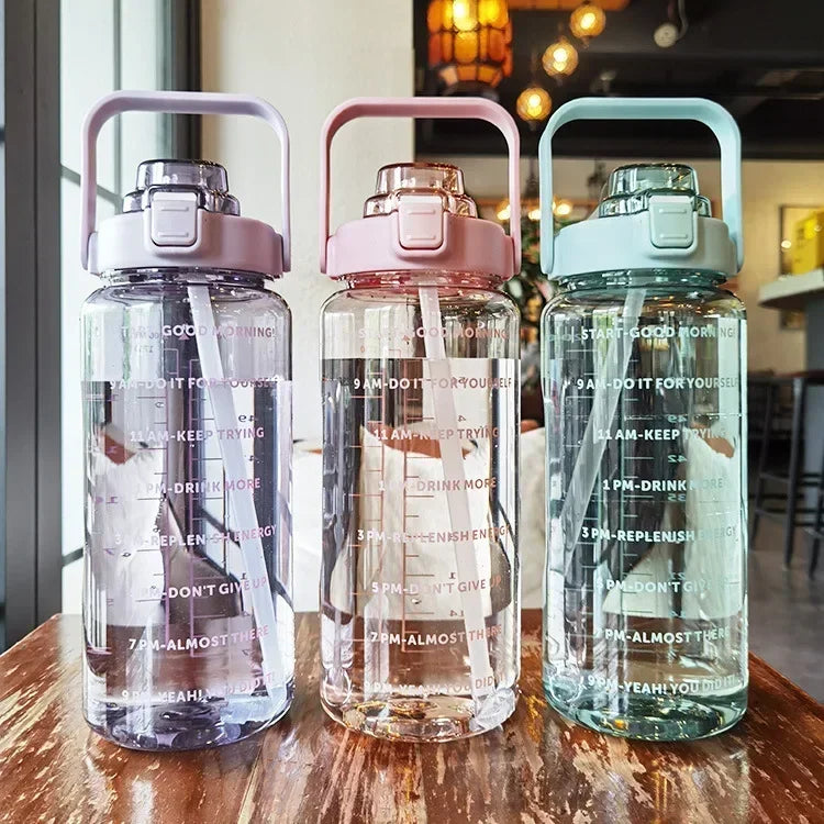 2L Straw Water Bottle Large Capacity Plastic Water Cup Portable Drink Bottle With Time Marker For Outdoor Sports