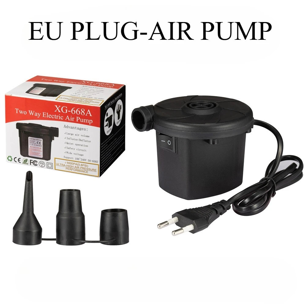 Portable electric air pump with multiple nozzles for quick and easy inflation of air mattresses, pool rafts and inflatable toys