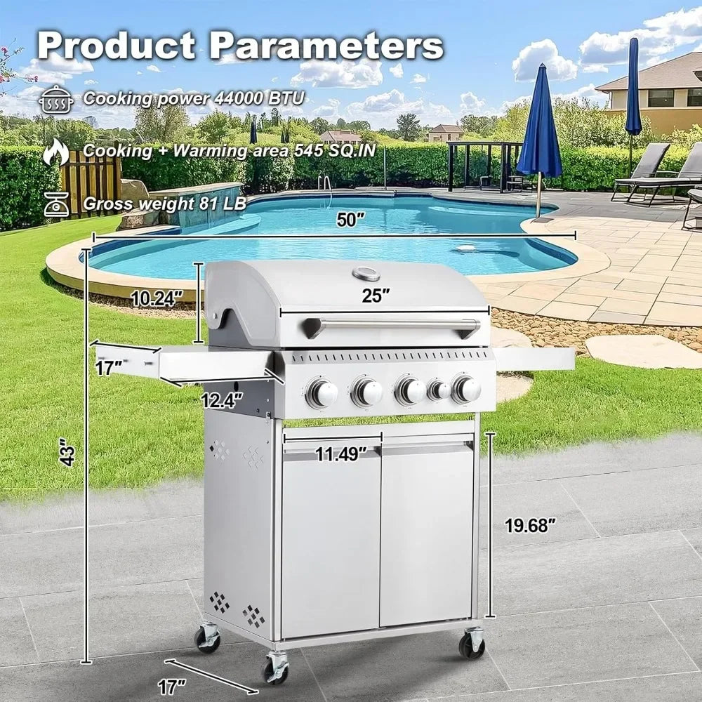 Stainless Steel Gas Grill 44000 BTU 4 Burner BBQ Station with Side Stove Cast Iron Grates Professional Kitchen Outdoor Pro