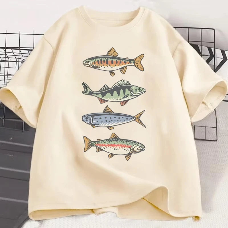 Funny Colorful Fish Print Shirts Humor Tee Short Sleeve Unisex Men Women Clothes Tops New Style Hot Sale Fishing T-shirt for Men