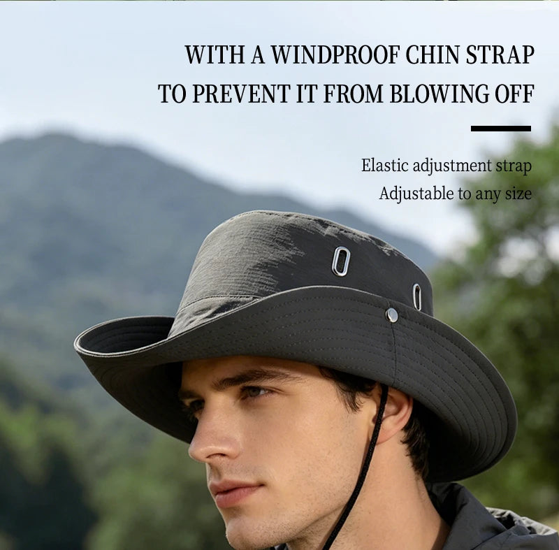 Hiker and Mountain Print Outdoor Bucket Hat: Wide-brimmed, breathable bucket hat with drawstring, perfect for hiking and camping