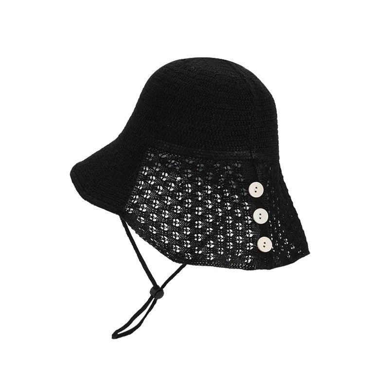 Hand-Woven Hollow-Out Fisherman's Hat with Button Design - Breathable and Comfortable - Sun Protection Hat for Daily Commuting and Beach Vacations - Holiday Gift