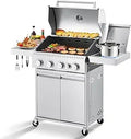 Stainless Steel Gas Grill 44000 BTU 4 Burner BBQ Station with Side Stove Cast Iron Grates Professional Kitchen Outdoor Pro