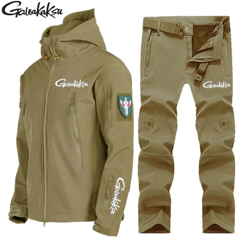 New Fishing Outdoor Jackets Suit Men's Winter Warm Plus Velvet Soft Shell Pants Fishing Ski Mountaineering Clothing Cold Fleece