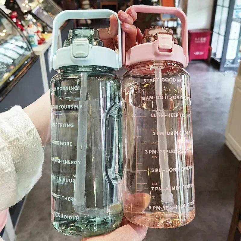 2L Straw Water Bottle Large Capacity Plastic Water Cup Portable Drink Bottle With Time Marker For Outdoor Sports