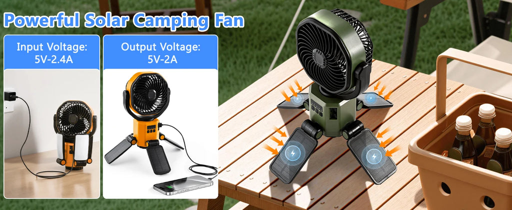 Solar Powered Fan 6000mAh Battery Operated 4 Speed Wind with Led Light Outdoor Tent Fans for Camping Essentials Accessories