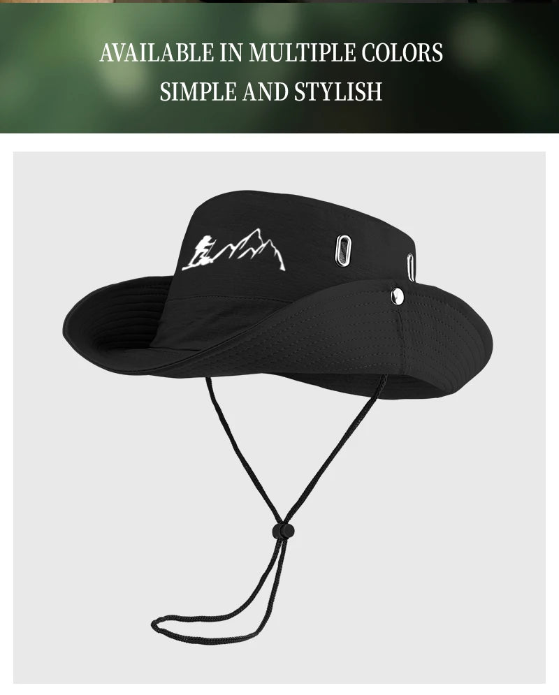 Hiker and Mountain Print Outdoor Bucket Hat: Wide-brimmed, breathable bucket hat with drawstring, perfect for hiking and camping