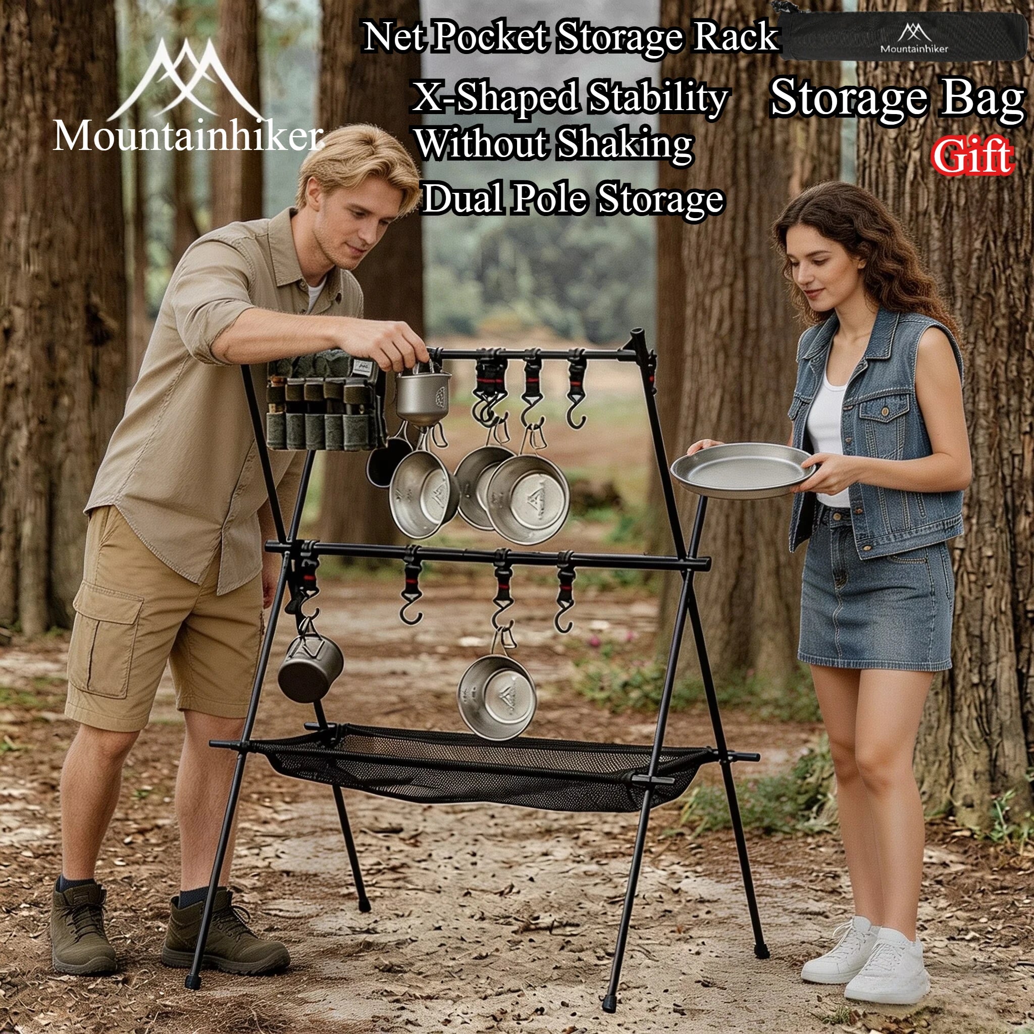 MOUNTAINHIKER Outdoor Folding Camping Hanging Rack Shelf Aluminum Alloy Triangle Storage Hanger BBQ Picnic Cookware Pot Pan