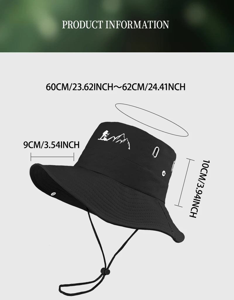 Hiker and Mountain Print Outdoor Bucket Hat: Wide-brimmed, breathable bucket hat with drawstring, perfect for hiking and camping