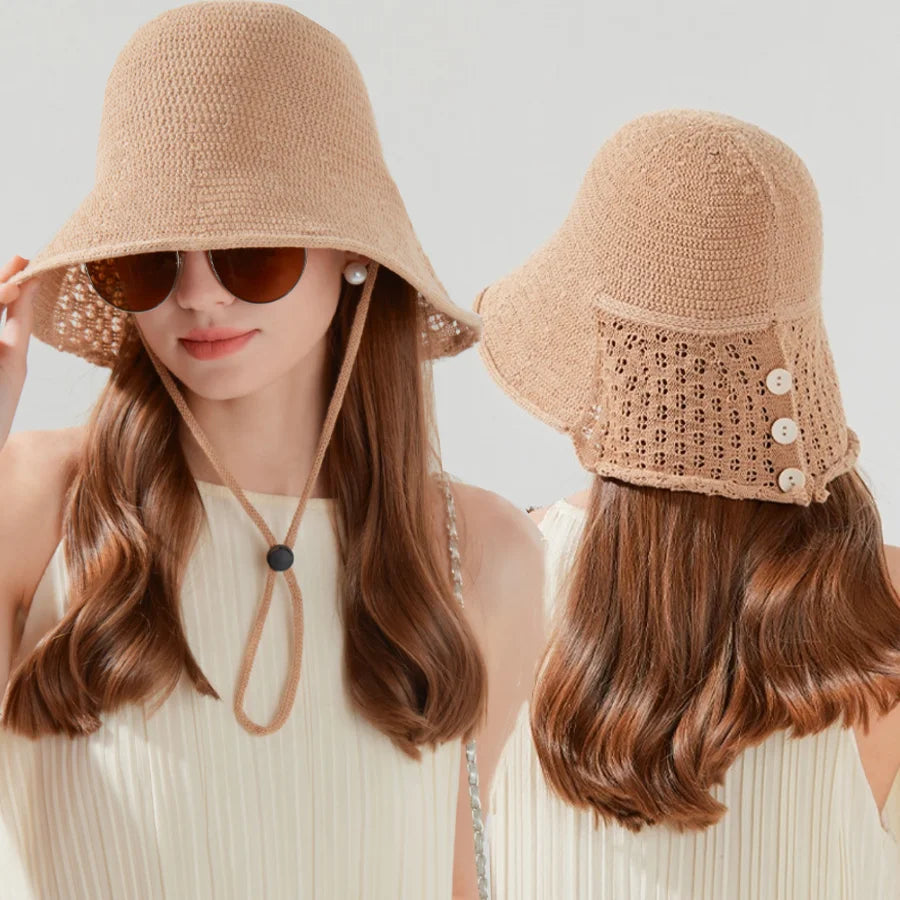 Hand-Woven Hollow-Out Fisherman's Hat with Button Design - Breathable and Comfortable - Sun Protection Hat for Daily Commuting and Beach Vacations - Holiday Gift