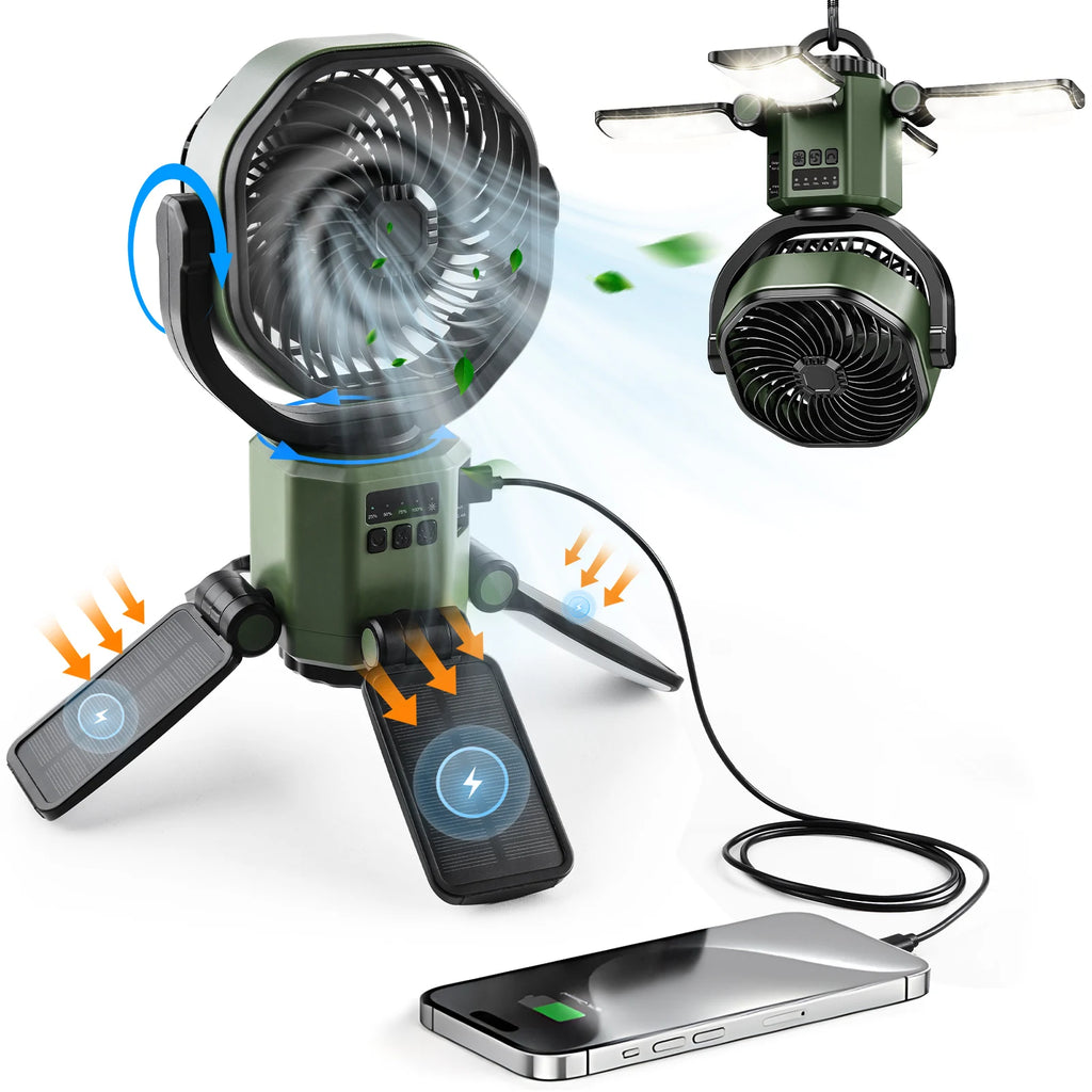 Solar Powered Fan 6000mAh Battery Operated 4 Speed Wind with Led Light Outdoor Tent Fans for Camping Essentials Accessories