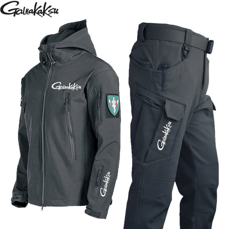 New Fishing Outdoor Jackets Suit Men's Winter Warm Plus Velvet Soft Shell Pants Fishing Ski Mountaineering Clothing Cold Fleece