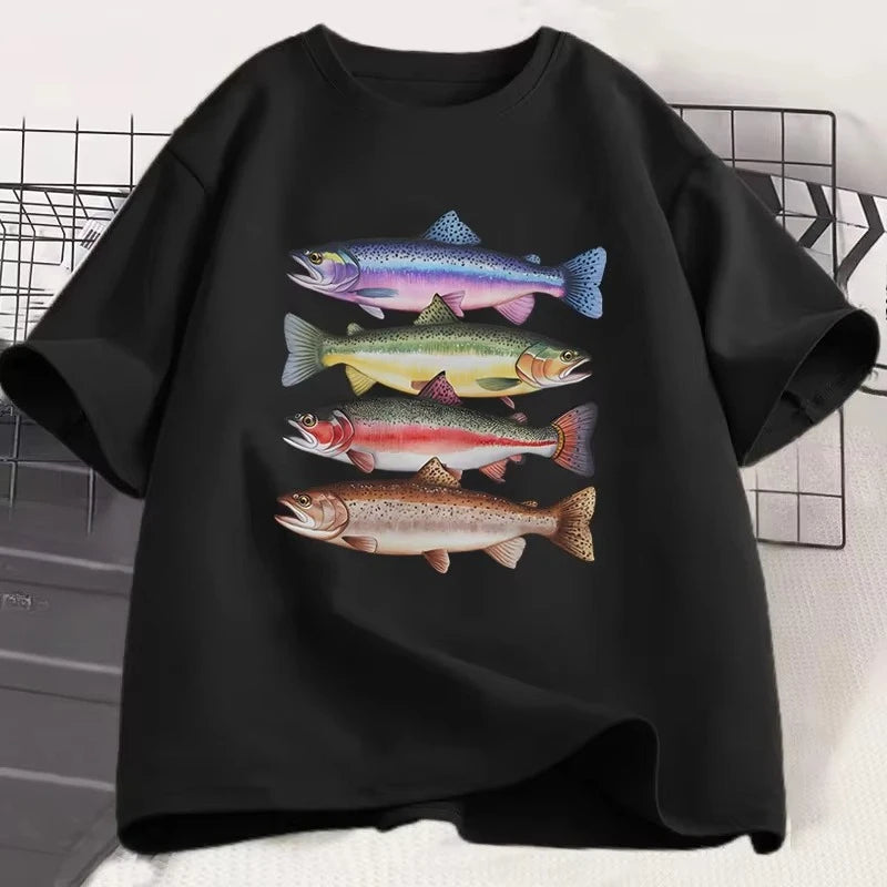 Funny Colorful Fish Print Shirts Humor Tee Short Sleeve Unisex Men Women Clothes Tops New Style Hot Sale Fishing T-shirt for Men