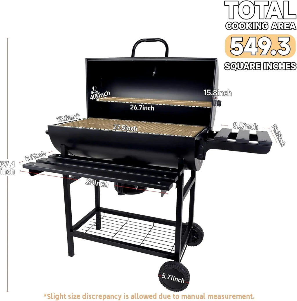Charcoal BBQ Grills Outdoor: Spacious Barrel Barbecue Grill with Side Front Table Premium BBQ Smoker Combo for Backyard Cooking