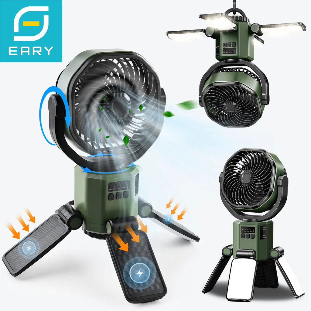 Solar Powered Fan 6000mAh Battery Operated 4 Speed Wind with Led Light Outdoor Tent Fans for Camping Essentials Accessories