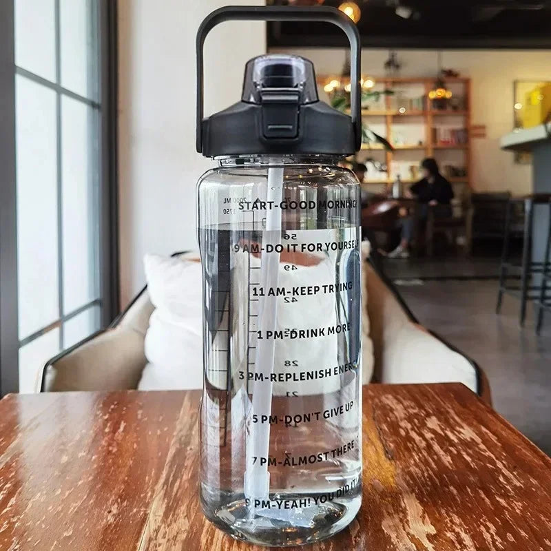 2L Straw Water Bottle Large Capacity Plastic Water Cup Portable Drink Bottle With Time Marker For Outdoor Sports
