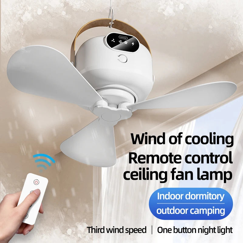 Portable Ceiling Fans Mini Outdoor Camping Fan Tent Ventilator Cooler Rechargeable Electric Fan Remote Control LED Lighting
