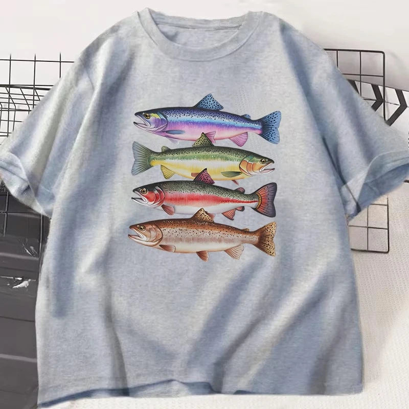 Funny Colorful Fish Print Shirts Humor Tee Short Sleeve Unisex Men Women Clothes Tops New Style Hot Sale Fishing T-shirt for Men