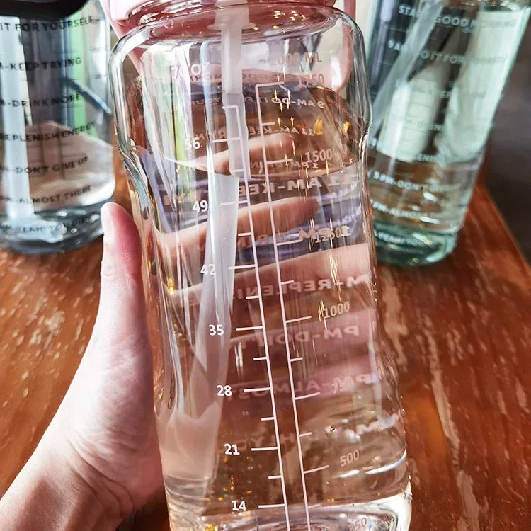 2L Straw Water Bottle Large Capacity Plastic Water Cup Portable Drink Bottle With Time Marker For Outdoor Sports