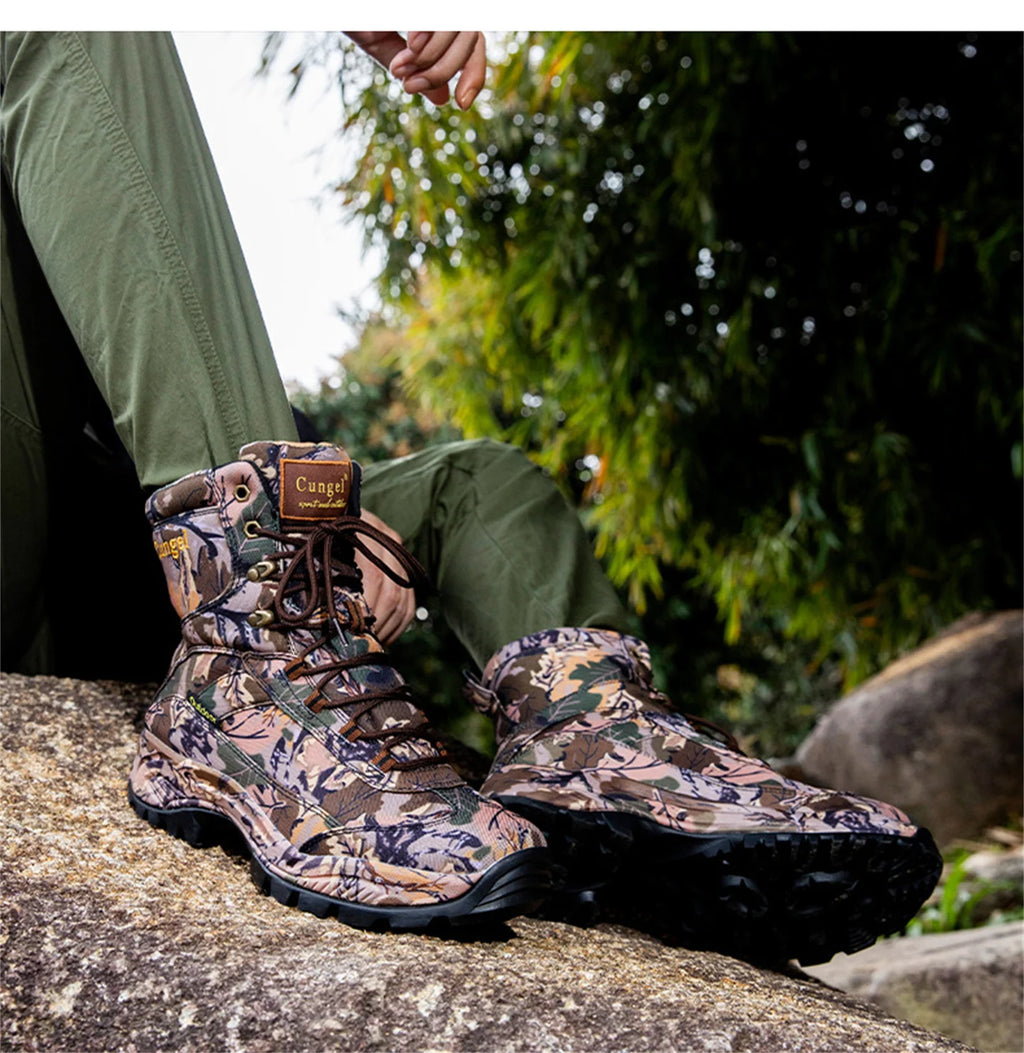 Men's High Top Camouflage Hunting Boots Breathable Tactical Shoes Outdoor Hiking Wear-Resistant Waterproof Mountaineering Boots