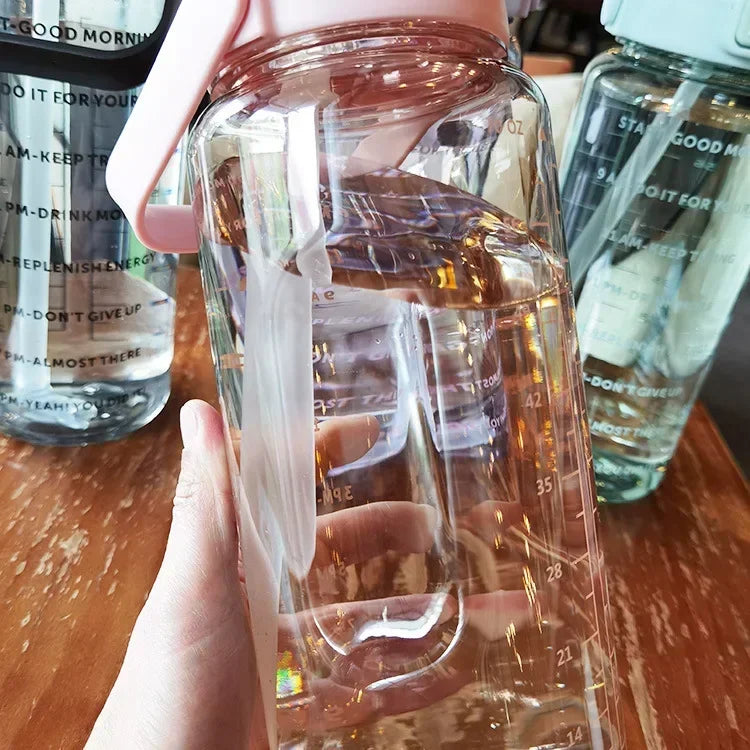 2L Straw Water Bottle Large Capacity Plastic Water Cup Portable Drink Bottle With Time Marker For Outdoor Sports