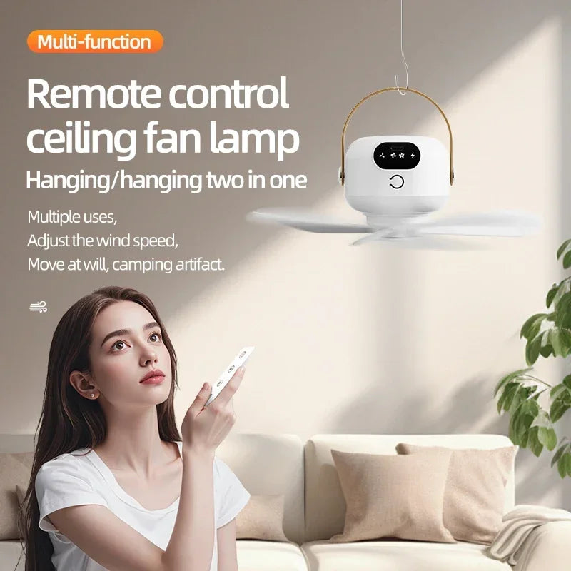 Portable Ceiling Fans Mini Outdoor Camping Fan Tent Ventilator Cooler Rechargeable Electric Fan Remote Control LED Lighting