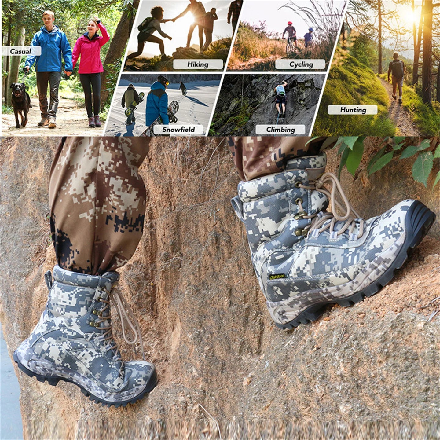 Men's High Top Camouflage Hunting Boots Breathable Tactical Shoes Outdoor Hiking Wear-Resistant Waterproof Mountaineering Boots