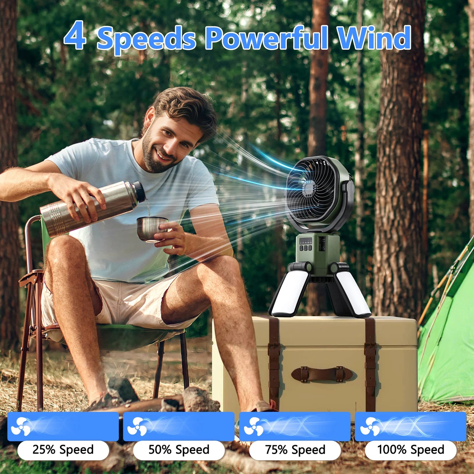 Solar Powered Fan 6000mAh Battery Operated 4 Speed Wind with Led Light Outdoor Tent Fans for Camping Essentials Accessories