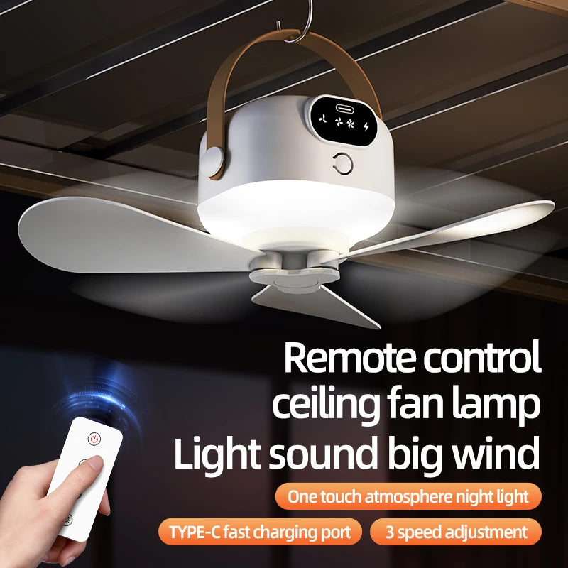 Portable Ceiling Fans Mini Outdoor Camping Fan Tent Ventilator Cooler Rechargeable Electric Fan Remote Control LED Lighting