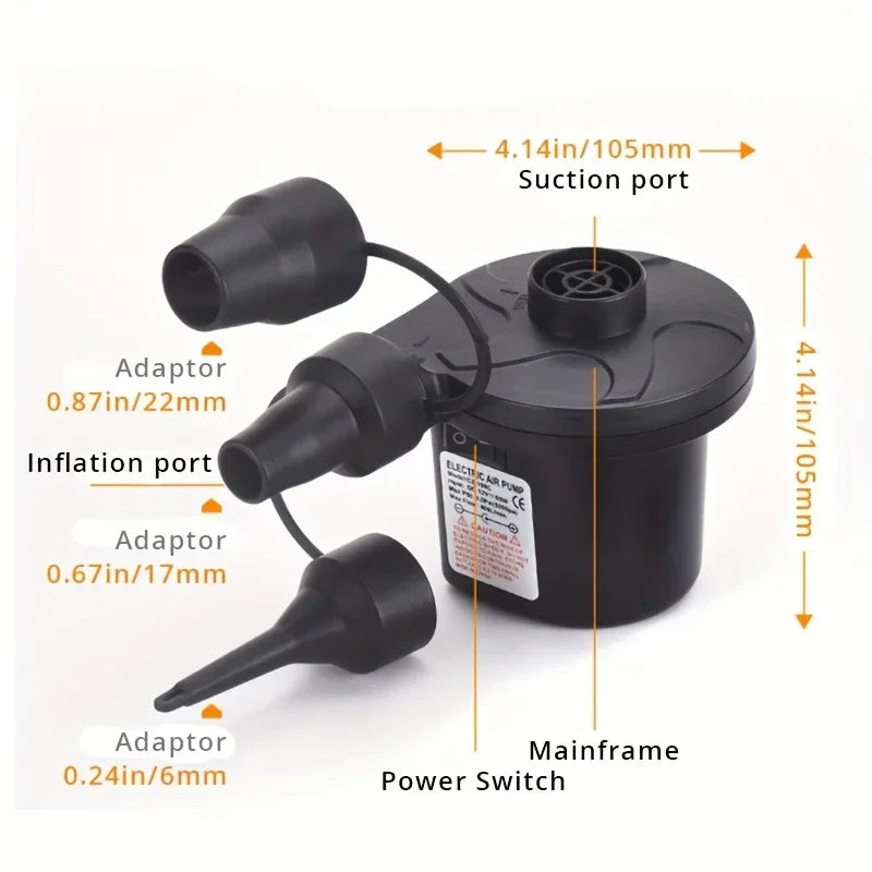 Portable electric air pump with multiple nozzles for quick and easy inflation of air mattresses, pool rafts and inflatable toys