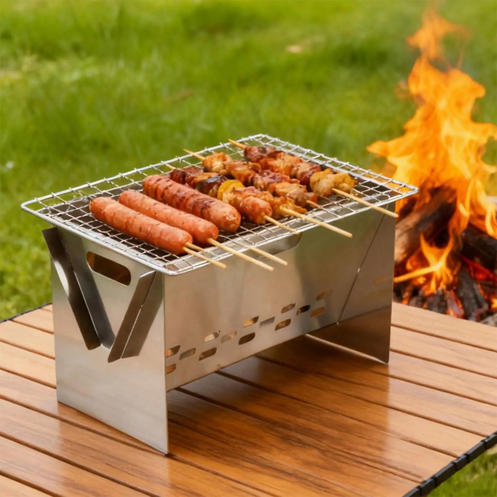 Foldable Portable Charcoal Grill Compact Stainless Steel Camping Fire Pit Lightweight BBQ For Outdoor Cooking Backpacking Picnic