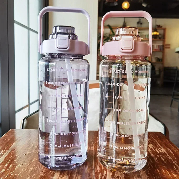 2L Straw Water Bottle Large Capacity Plastic Water Cup Portable Drink Bottle With Time Marker For Outdoor Sports