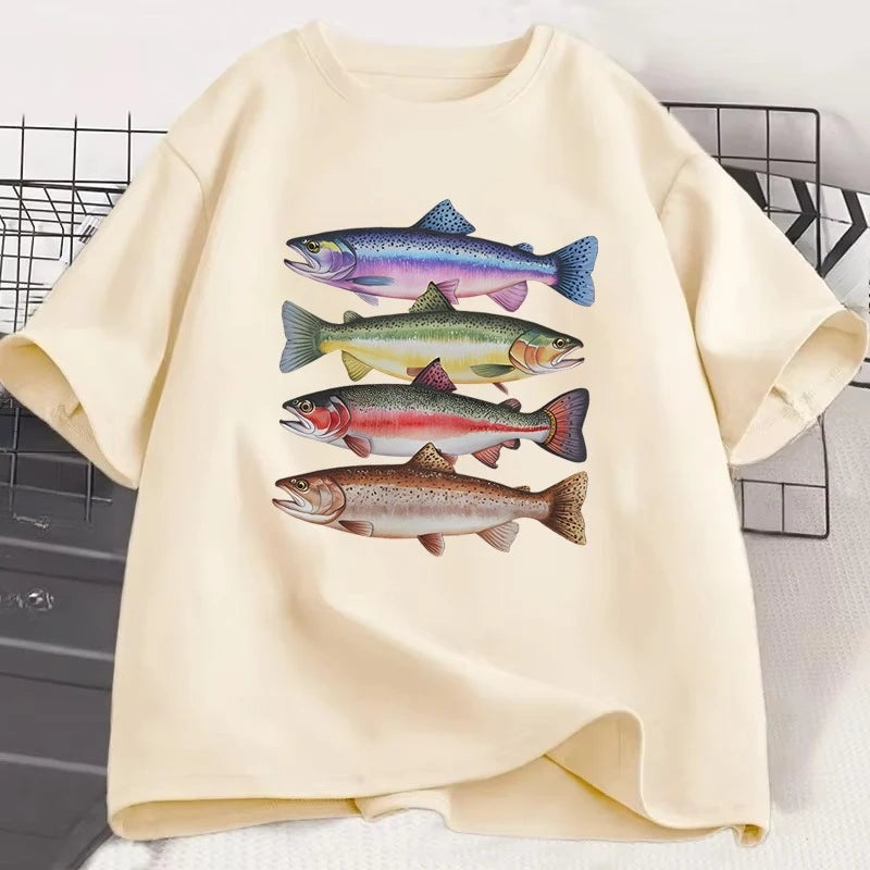 Funny Colorful Fish Print Shirts Humor Tee Short Sleeve Unisex Men Women Clothes Tops New Style Hot Sale Fishing T-shirt for Men