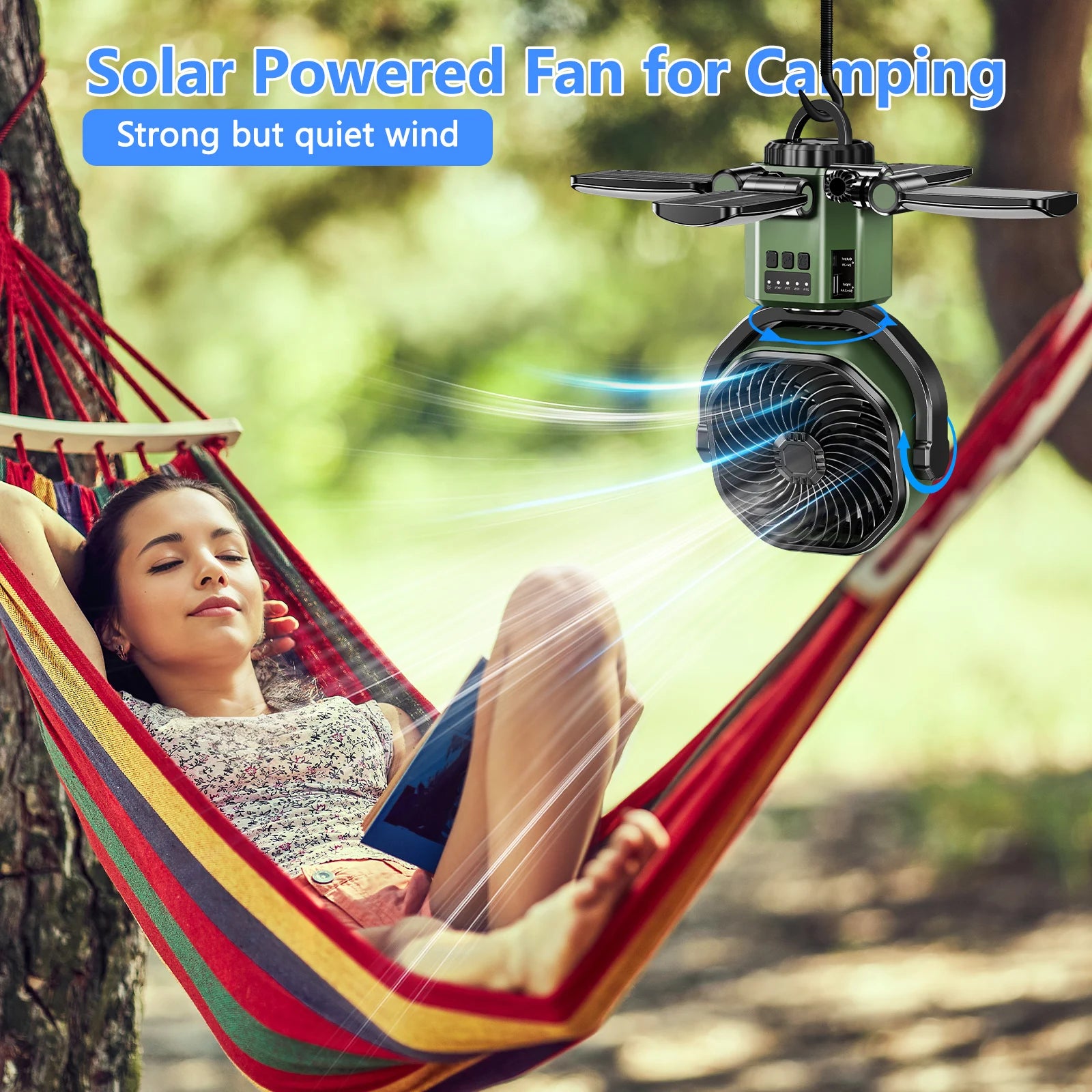 Solar Powered Fan 6000mAh Battery Operated 4 Speed Wind with Led Light Outdoor Tent Fans for Camping Essentials Accessories