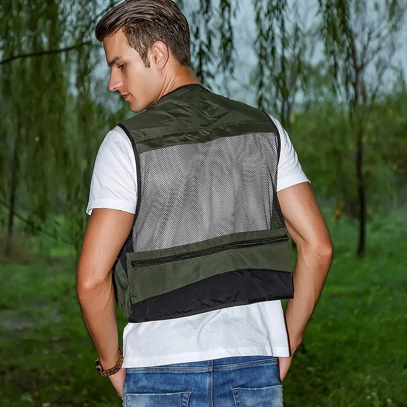 Fishing Vest Detachable Multiple Pockets Breathable Grid Mesh Comfortable Wear-Resisting with Reflective Stripe