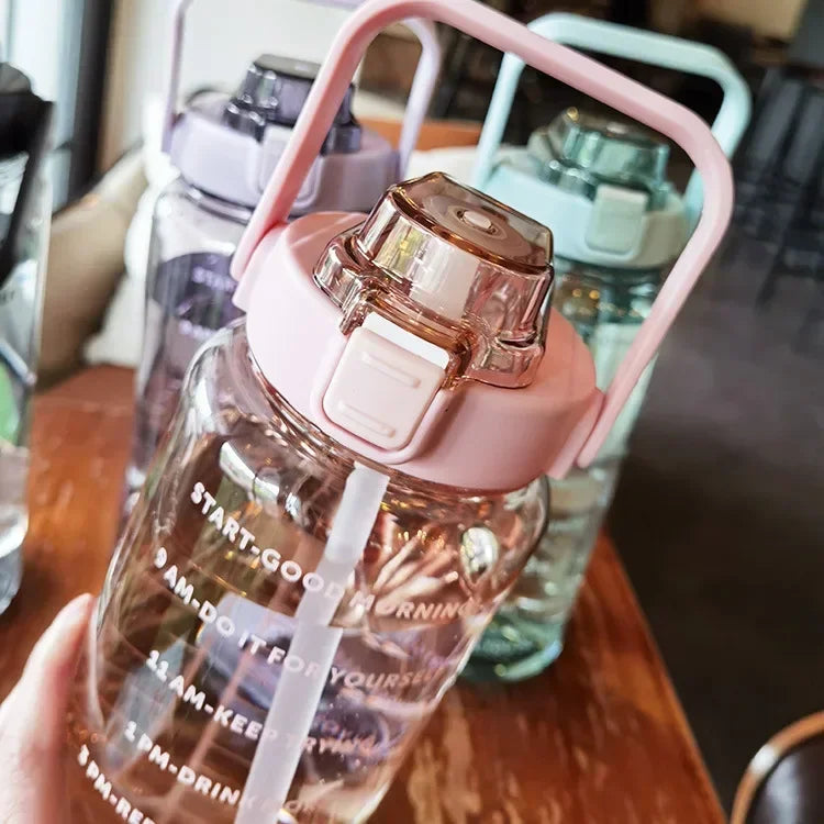 2L Straw Water Bottle Large Capacity Plastic Water Cup Portable Drink Bottle With Time Marker For Outdoor Sports