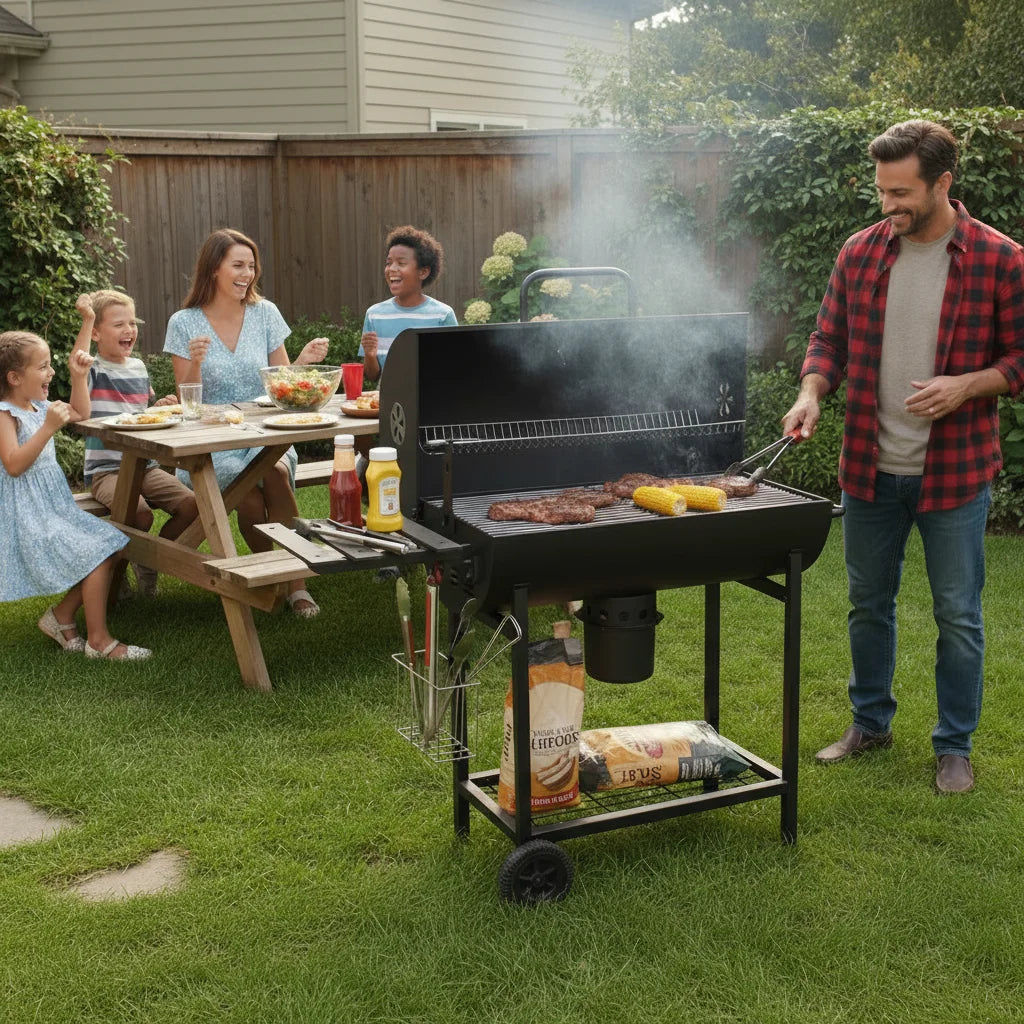 Charcoal BBQ Grills Outdoor: Spacious Barrel Barbecue Grill with Side Front Table Premium BBQ Smoker Combo for Backyard Cooking