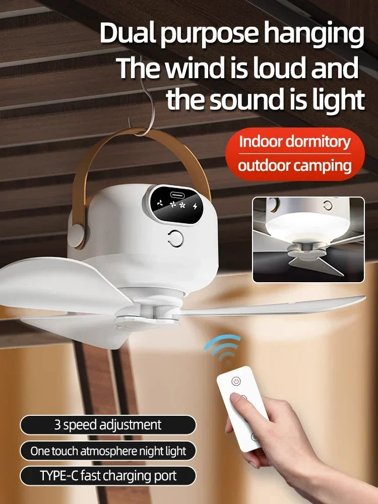 Portable Ceiling Fans Mini Outdoor Camping Fan Tent Ventilator Cooler Rechargeable Electric Fan Remote Control LED Lighting