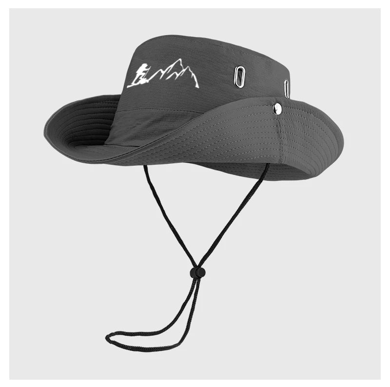 Hiker and Mountain Print Outdoor Bucket Hat: Wide-brimmed, breathable bucket hat with drawstring, perfect for hiking and camping