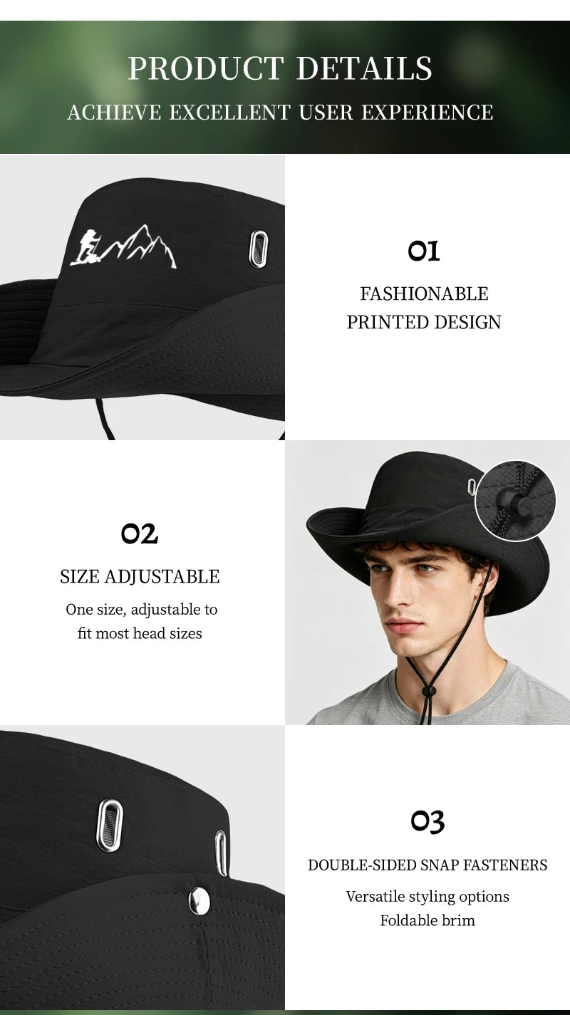 Hiker and Mountain Print Outdoor Bucket Hat: Wide-brimmed, breathable bucket hat with drawstring, perfect for hiking and camping